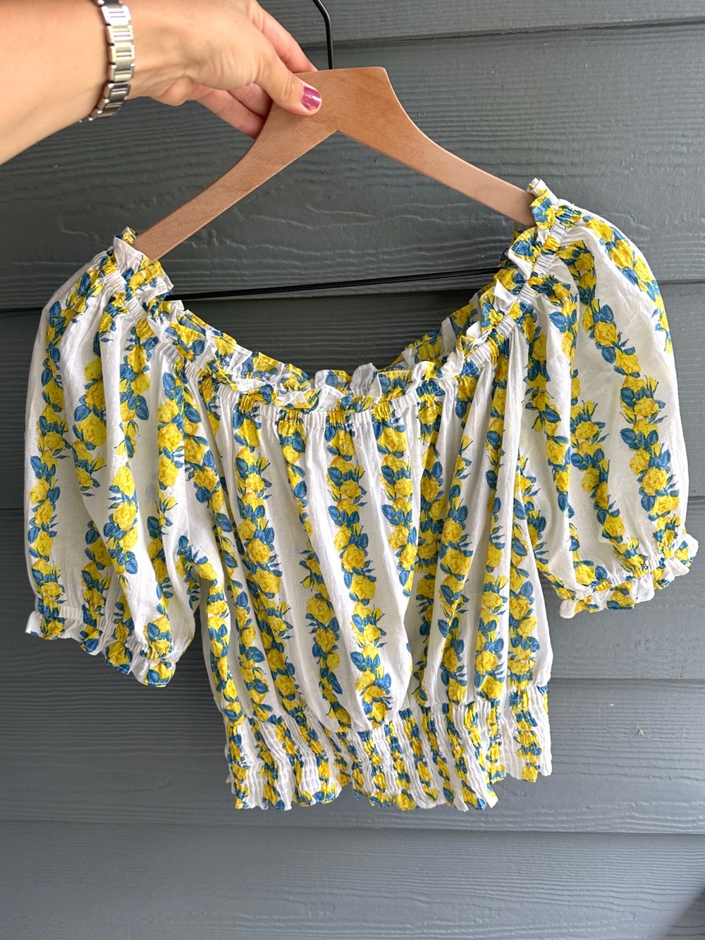 Yellow Floral Cotton Olivia James Off shoulder top size medium